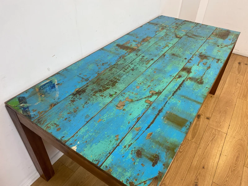 Einzigartiger 200x90cm großer meeresblauer Esstisch handgefertigt aus altem Bootsholz I Teakholz massiv I Tisch Küchentisch Gartentisch Holztisch Dining Table I