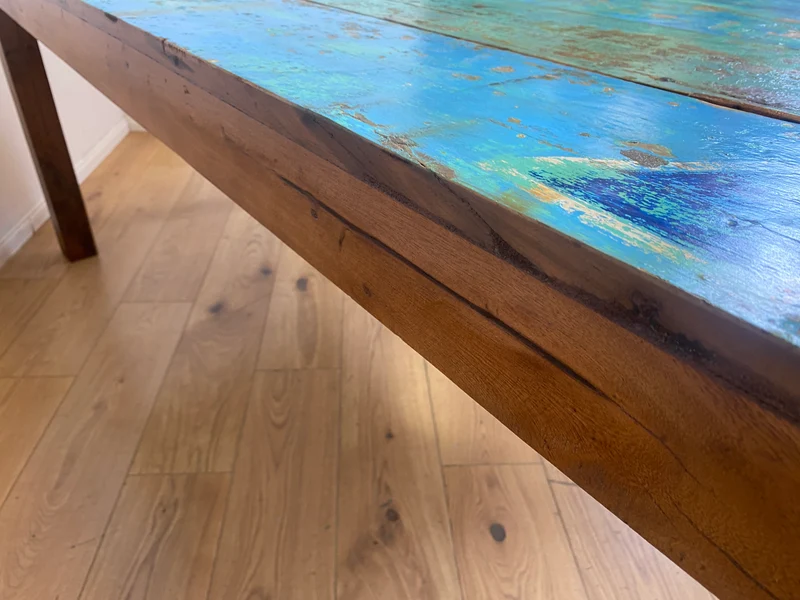 Einzigartiger 200x90cm großer meeresblauer Esstisch handgefertigt aus altem Bootsholz I Teakholz massiv I Tisch Küchentisch Gartentisch Holztisch Dining Table I