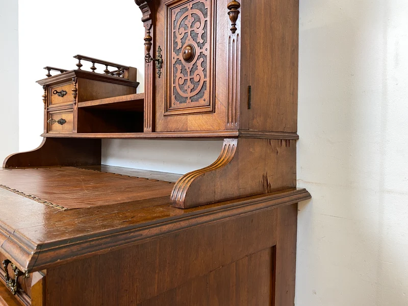 Wunderschöner antiker Schreibtisch mit Aufsatz, gedrechselten Balustern und kannelierten Pilastern I Aufsatzschreibtisch Sekretär Desk Gründerzeit Historismus Vintage I