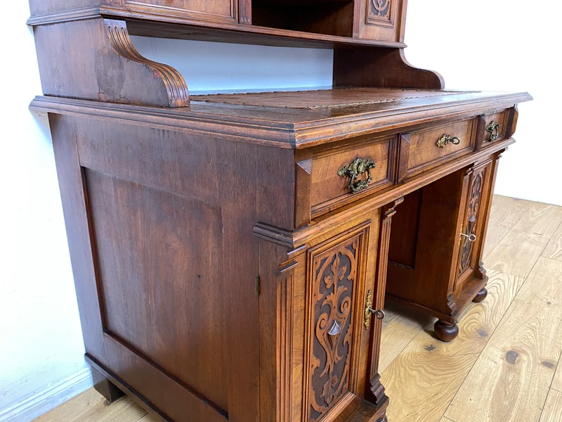 Wunderschöner antiker Schreibtisch mit Aufsatz, gedrechselten Balustern und kannelierten Pilastern I Aufsatzschreibtisch Sekretär Desk Gründerzeit Historismus Vintage I
