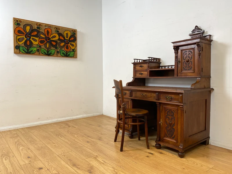 Wunderschöner antiker Schreibtisch mit Aufsatz, gedrechselten Balustern und kannelierten Pilastern I Aufsatzschreibtisch Sekretär Desk Gründerzeit Historismus Vintage I