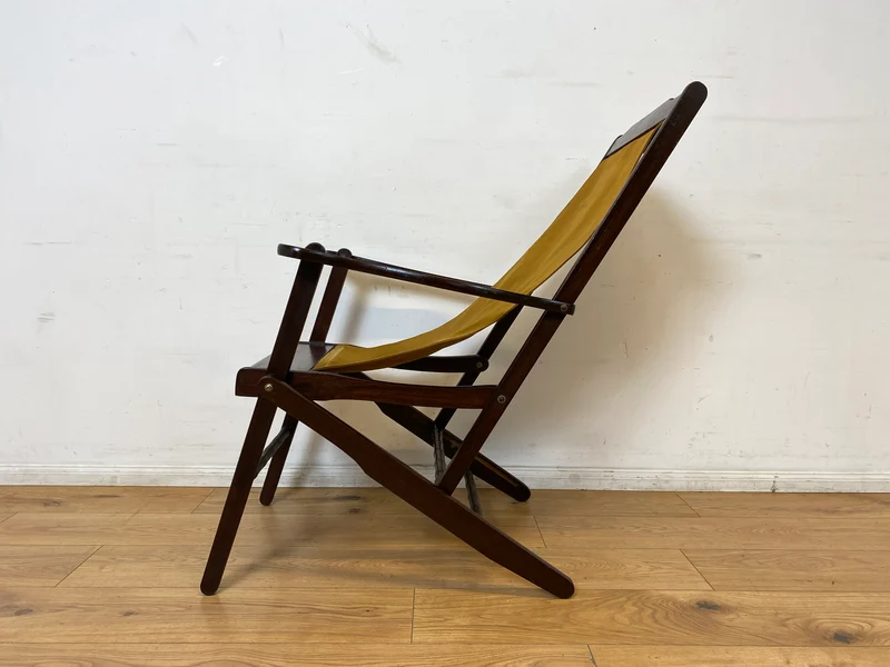 WMK I Eleganter & hochwertiger dunkler Mid-Century Klappsessel mit Stoff in Senf Gelb