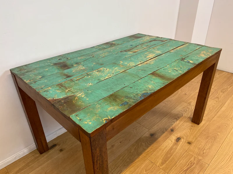 Boatwood by WMK I Einzigartiger 140x90cm großer grüner Esstisch aus altem Bootsholz