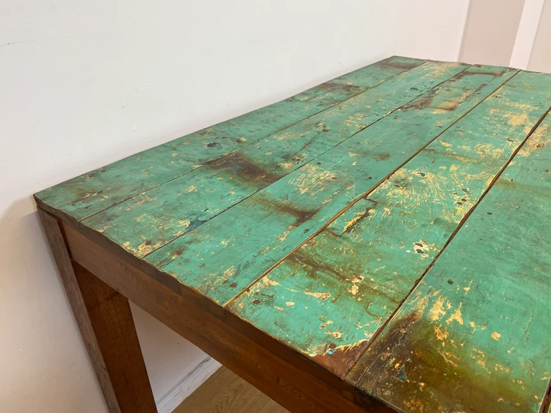 Boatwood by WMK I Einzigartiger 140x90cm großer grüner Esstisch aus altem Bootsholz