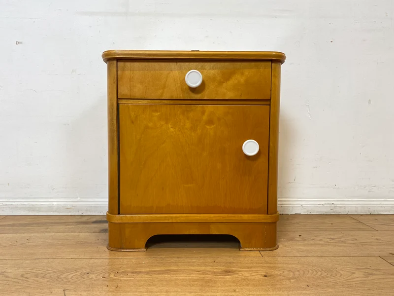 Freundlicher heller Mid-Century Nachttisch mit Schublade und Glasauflage I Vollholz furniert I Nachtkommode Nachtschrank Nachtschränkchen Kommode 60er Vintage I
