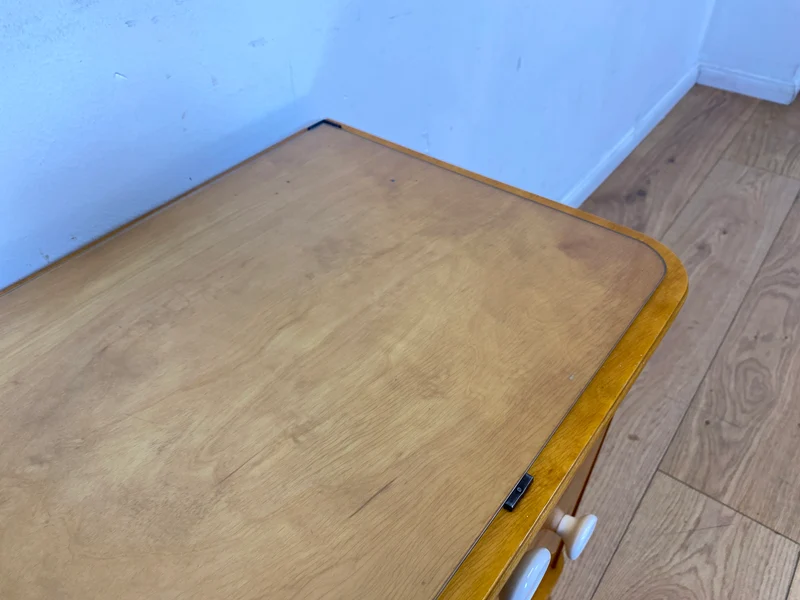 Freundlicher heller Mid-Century Nachttisch mit Schublade und Glasauflage I Vollholz furniert I Nachtkommode Nachtschrank Nachtschränkchen Kommode 60er Vintage I