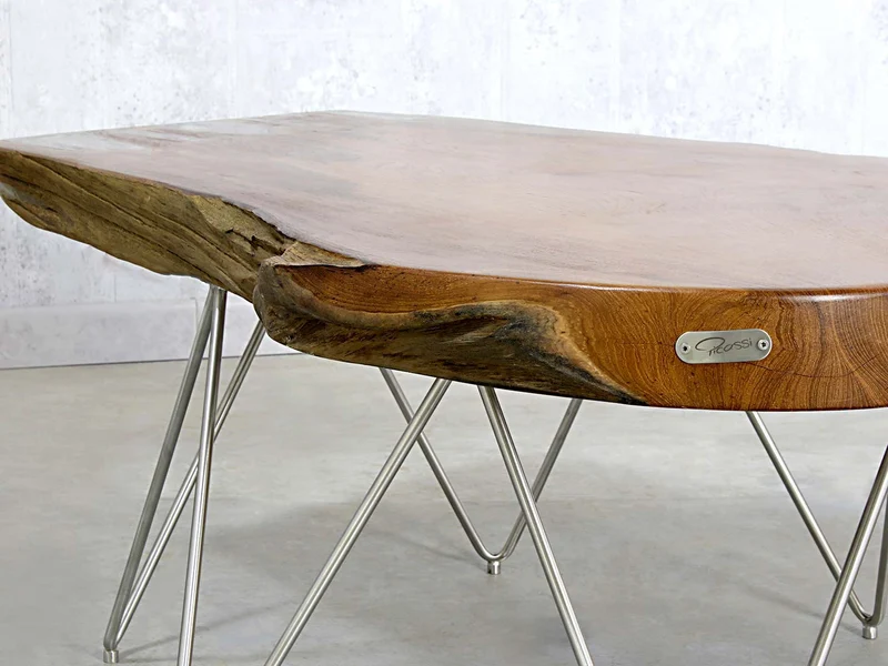 Couchtisch Unikat aus Teak mit Epoxidharz und Edelstahl Untergestell