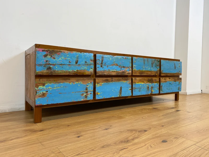 Boatwood by WMK # Meeresblaues Sideboard mit Schubladen, ein aus altem Bootsholz handgefertigtes Unikat aus massivem Teakholz