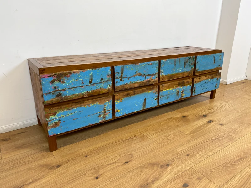 Boatwood by WMK # Meeresblaues Sideboard mit Schubladen, ein aus altem Bootsholz handgefertigtes Unikat aus massivem Teakholz
