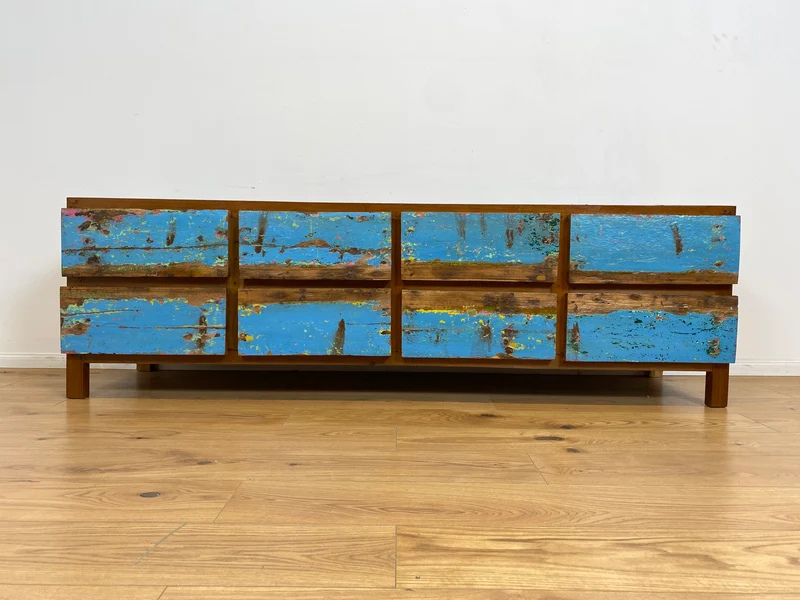 Boatwood by WMK # Meeresblaues Sideboard mit Schubladen, ein aus altem Bootsholz handgefertigtes Unikat aus massivem Teakholz
