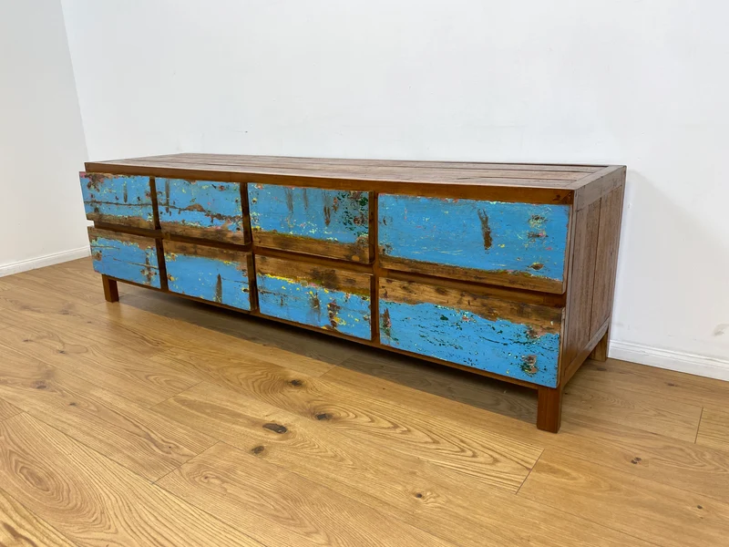 Boatwood by WMK # Meeresblaues Sideboard mit Schubladen, ein aus altem Bootsholz handgefertigtes Unikat aus massivem Teakholz