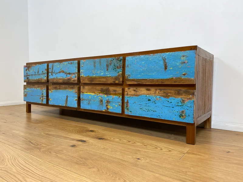 Boatwood by WMK # Meeresblaues Sideboard mit Schubladen, ein aus altem Bootsholz handgefertigtes Unikat aus massivem Teakholz