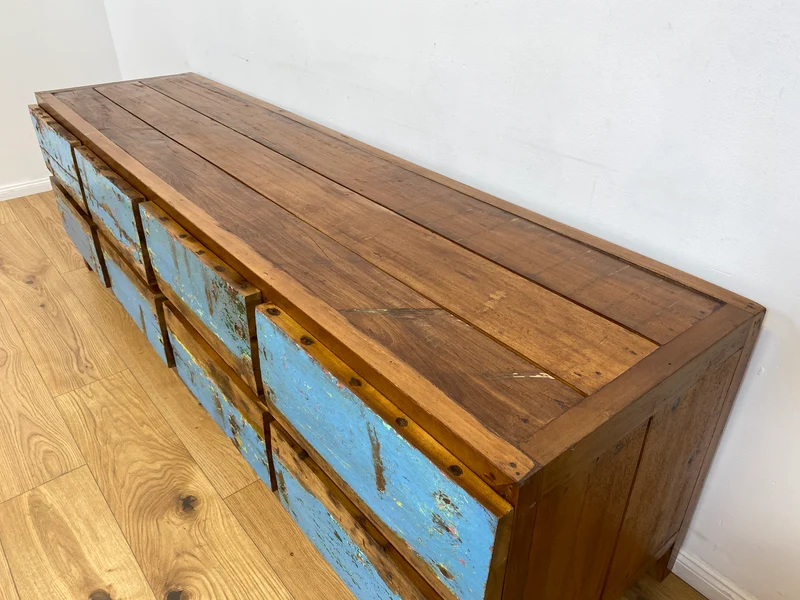 Boatwood by WMK # Meeresblaues Sideboard mit Schubladen, ein aus altem Bootsholz handgefertigtes Unikat aus massivem Teakholz