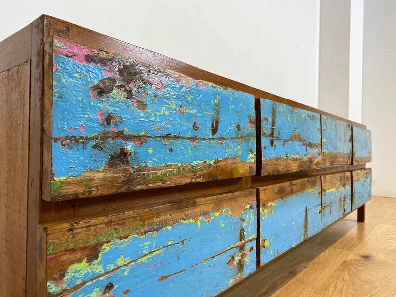 Boatwood by WMK # Meeresblaues Sideboard mit Schubladen, ein aus altem Bootsholz handgefertigtes Unikat aus massivem Teakholz