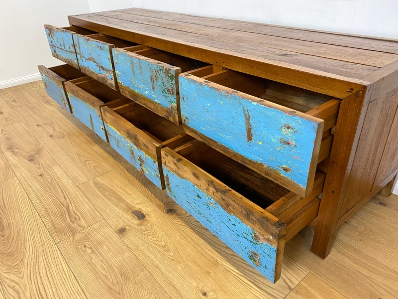 Boatwood by WMK # Meeresblaues Sideboard mit Schubladen, ein aus altem Bootsholz handgefertigtes Unikat aus massivem Teakholz