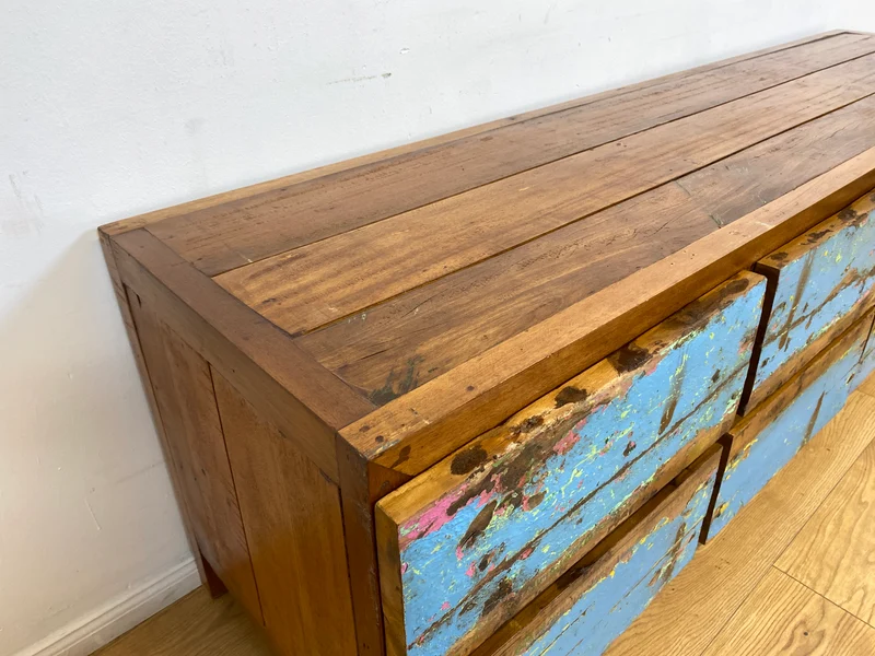 Boatwood by WMK # Meeresblaues Sideboard mit Schubladen, ein aus altem Bootsholz handgefertigtes Unikat aus massivem Teakholz