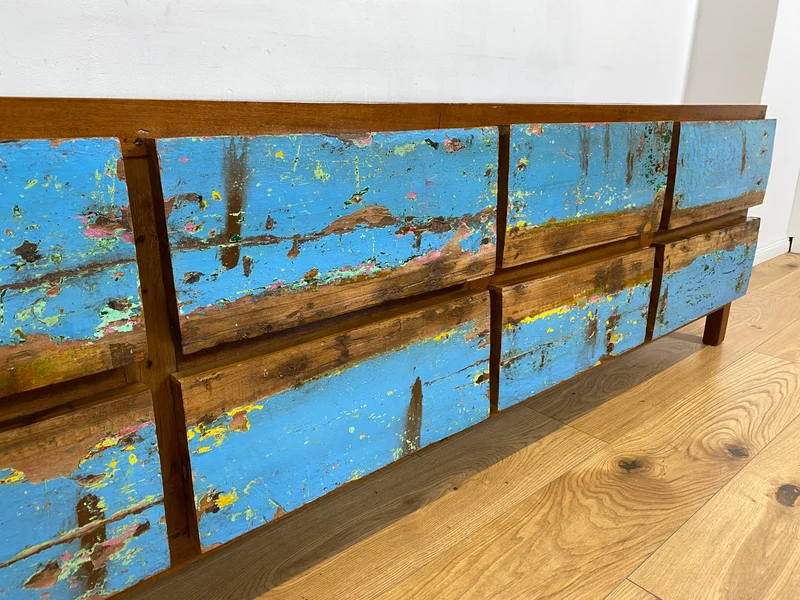 Boatwood by WMK # Meeresblaues Sideboard mit Schubladen, ein aus altem Bootsholz handgefertigtes Unikat aus massivem Teakholz