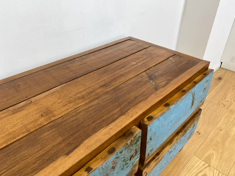 Boatwood by WMK # Meeresblaues Sideboard mit Schubladen, ein aus altem Bootsholz handgefertigtes Unikat aus massivem Teakholz
