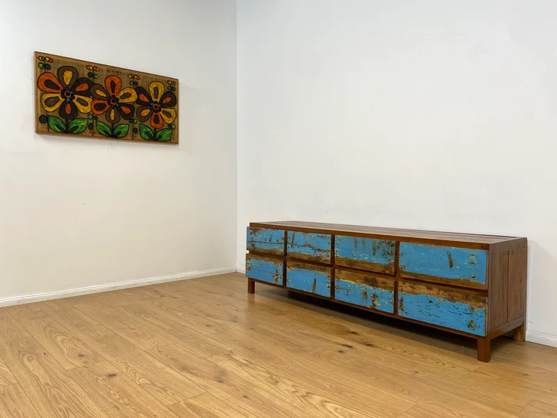 Boatwood by WMK # Meeresblaues Sideboard mit Schubladen, ein aus altem Bootsholz handgefertigtes Unikat aus massivem Teakholz