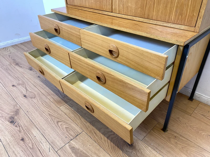 WMK I Kultiges modulares Designer Regalsystem 430 in Sen Esche mit Schubladen von Joachim Nebelung für VEB Hellerau
