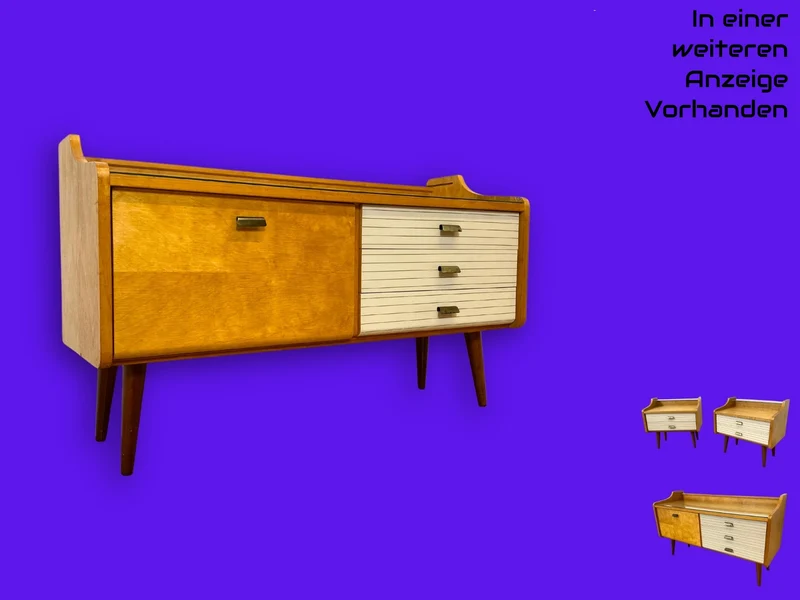 WMK I Formschöner heller Mid-Century Nachttisch mit Schubladen und konischen Füßen