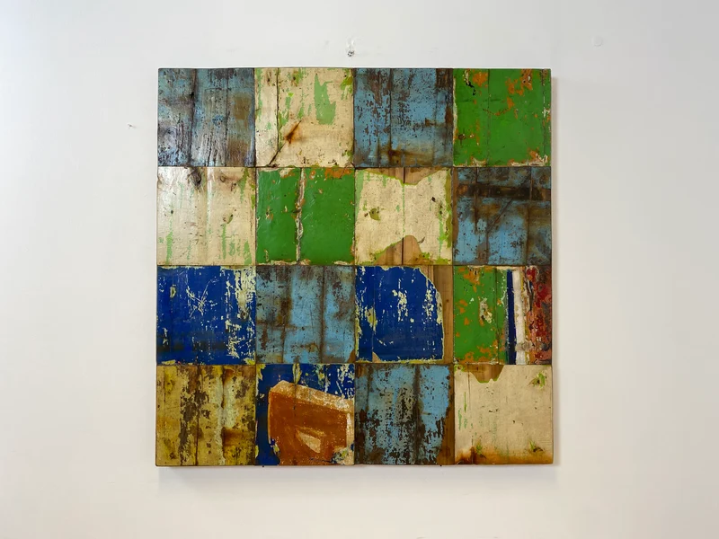 Boatwood by WMK # 110x110 großes Patchwork Holz Bild , ein handgefertigtes Unikat aus recyceltem Bootsholz # buntes Wandbild Wandpaneel Bild Kunstwerk Design Loft Wanddekoration Mosaik Wanddekor Dekor