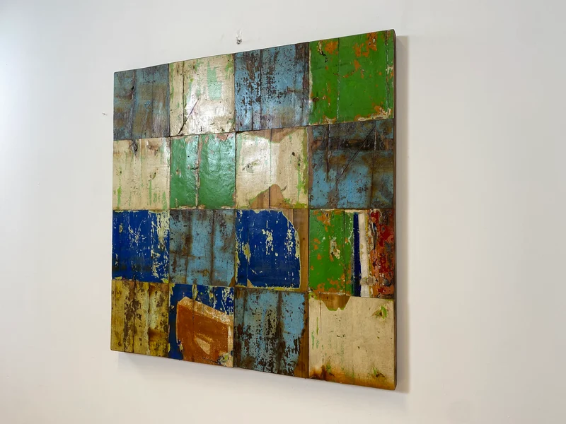 Boatwood by WMK # 110x110 großes Patchwork Holz Bild , ein handgefertigtes Unikat aus recyceltem Bootsholz # buntes Wandbild Wandpaneel Bild Kunstwerk Design Loft Wanddekoration Mosaik Wanddekor Dekor