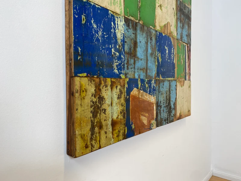 Boatwood by WMK # 110x110 großes Patchwork Holz Bild , ein handgefertigtes Unikat aus recyceltem Bootsholz # buntes Wandbild Wandpaneel Bild Kunstwerk Design Loft Wanddekoration Mosaik Wanddekor Dekor