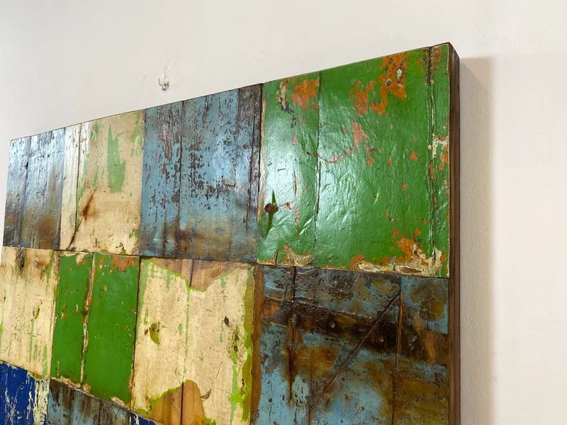 Boatwood by WMK # 110x110 großes Patchwork Holz Bild , ein handgefertigtes Unikat aus recyceltem Bootsholz # buntes Wandbild Wandpaneel Bild Kunstwerk Design Loft Wanddekoration Mosaik Wanddekor Dekor
