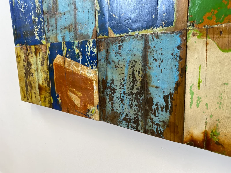 Boatwood by WMK # 110x110 großes Patchwork Holz Bild , ein handgefertigtes Unikat aus recyceltem Bootsholz # buntes Wandbild Wandpaneel Bild Kunstwerk Design Loft Wanddekoration Mosaik Wanddekor Dekor