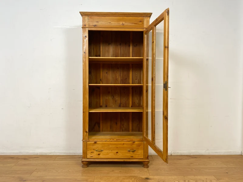 WMK I Eleganter antiker Schrank aus massivem Kiefernholz mit Glastüren & Schublade