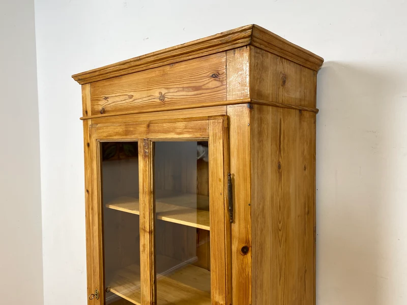 WMK I Eleganter antiker Schrank aus massivem Kiefernholz mit Glastüren & Schublade