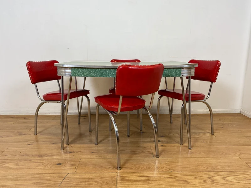 WMK I Kultiger ausziehbarer amerikanischer 50er Jahre Chromline Diner Table mit Resopal Tischplatte & Chrom Gestell