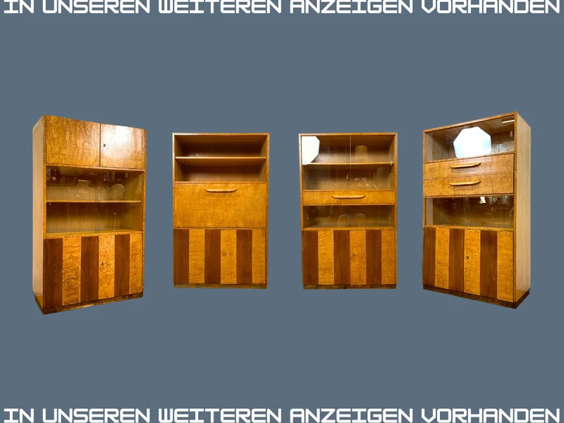 Schöne 50er Jahre Vitrine aus vollem Holz in Maserbirke I Schrank Glasvitrine Wohnzimmerschrank Highboard Bücherschrank Geschirrschrank Vintage Mid-Century 60er I