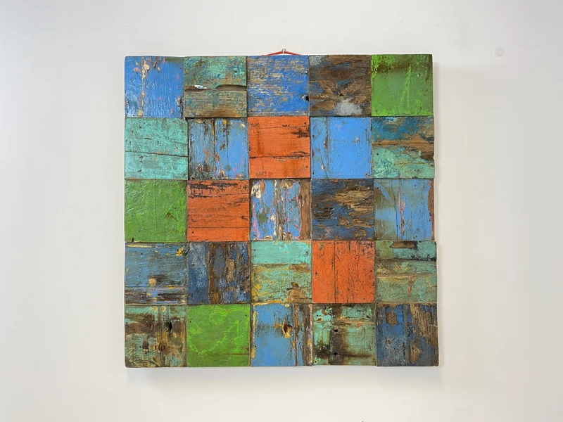 Boatwood by WMK # Großes Patchwork Wandbild 100x100cm, ein handgefertigtes Unikat aus recyceltem Bootsholz