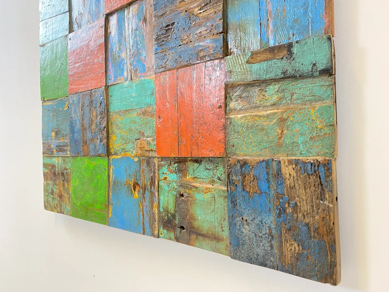 Boatwood by WMK # Großes Patchwork Wandbild 100x100cm, ein handgefertigtes Unikat aus recyceltem Bootsholz