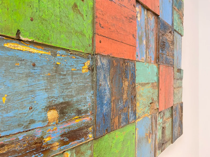Boatwood by WMK # Großes Patchwork Wandbild 100x100cm, ein handgefertigtes Unikat aus recyceltem Bootsholz