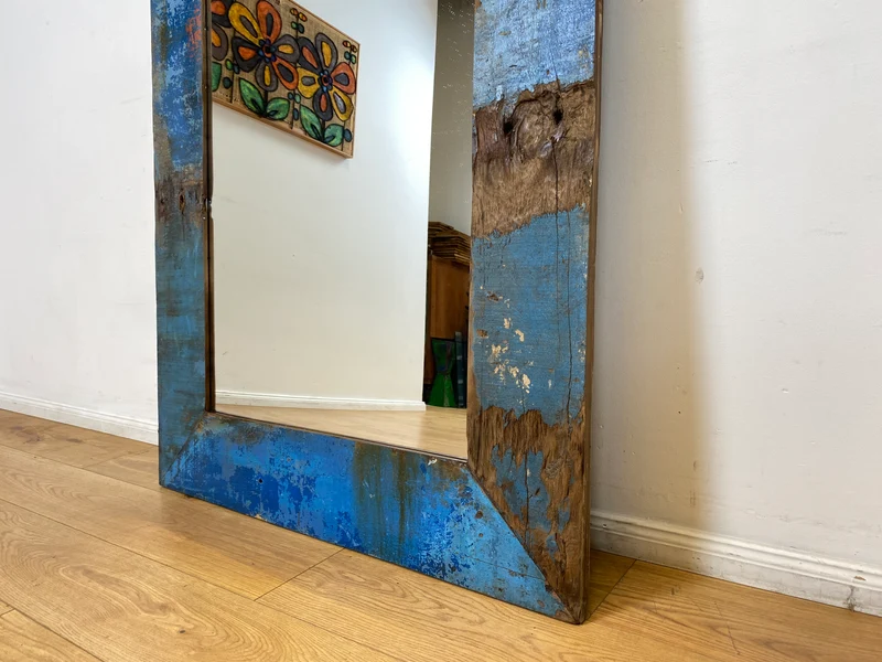 Boatwood by WMK I Meeresblauer 100x200cm großer Spiegel I handgefertigtes Unikat aus altem Bootsholz in Originalfarbe