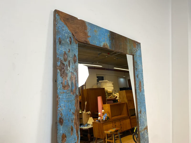 Boatwood by WMK I Meeresblauer 100x200cm großer Spiegel I handgefertigtes Unikat aus altem Bootsholz in Originalfarbe