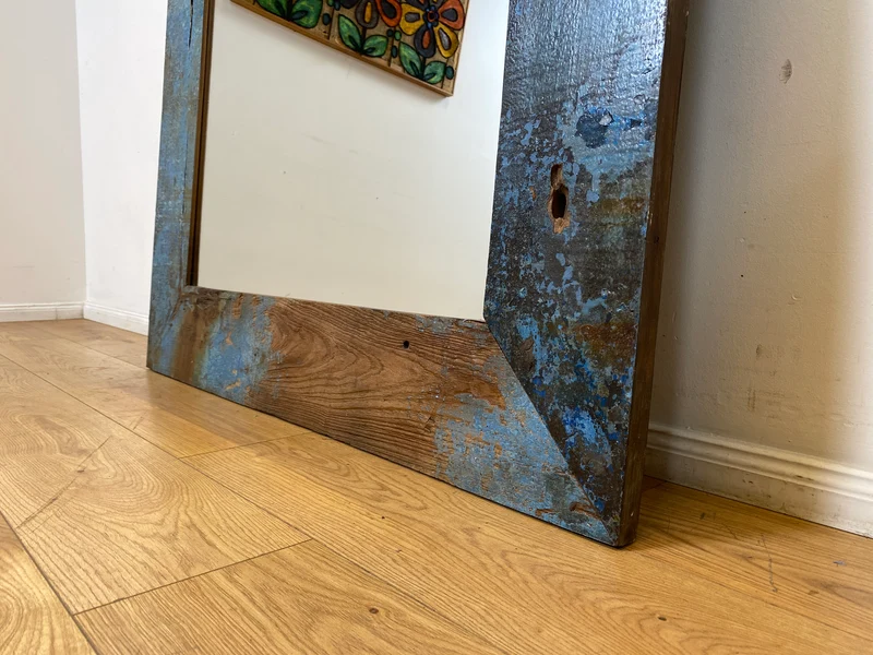 Boatwood by WMK I Meeresblauer 100x200cm großer Spiegel I handgefertigtes Unikat aus altem Bootsholz in Originalfarbe