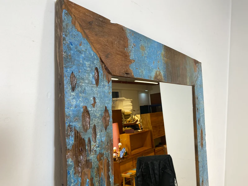 Boatwood by WMK I Meeresblauer 100x200cm großer Spiegel I handgefertigtes Unikat aus altem Bootsholz in Originalfarbe