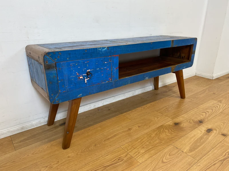 Boatwood by WMK I Einzigartiges handgefertigtes TV Lowboard aus altem Bootsholz in Blau mit Schublade und Fach I Teakholz massiv
