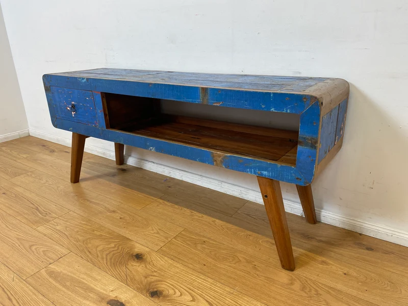 Boatwood by WMK I Einzigartiges handgefertigtes TV Lowboard aus altem Bootsholz in Blau mit Schublade und Fach I Teakholz massiv