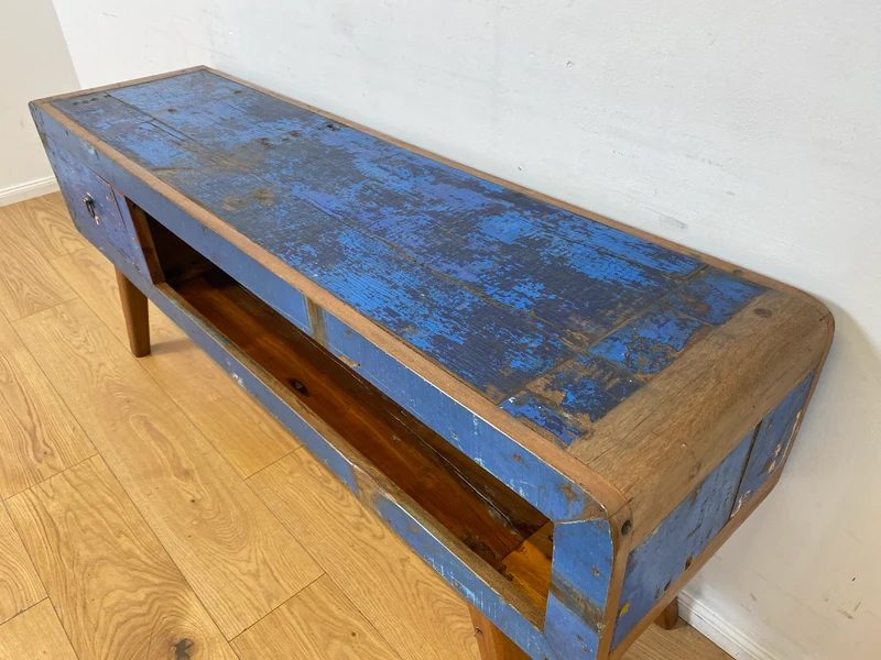 Boatwood by WMK I Einzigartiges handgefertigtes TV Lowboard aus altem Bootsholz in Blau mit Schublade und Fach I Teakholz massiv