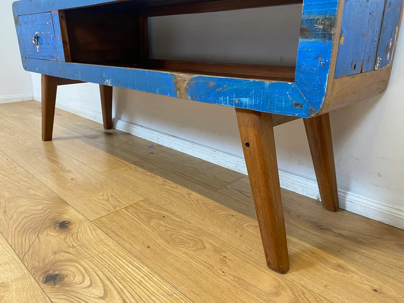Boatwood by WMK I Einzigartiges handgefertigtes TV Lowboard aus altem Bootsholz in Blau mit Schublade und Fach I Teakholz massiv