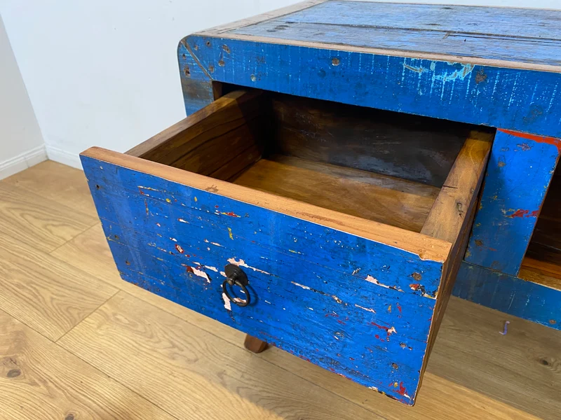 Boatwood by WMK I Einzigartiges handgefertigtes TV Lowboard aus altem Bootsholz in Blau mit Schublade und Fach I Teakholz massiv