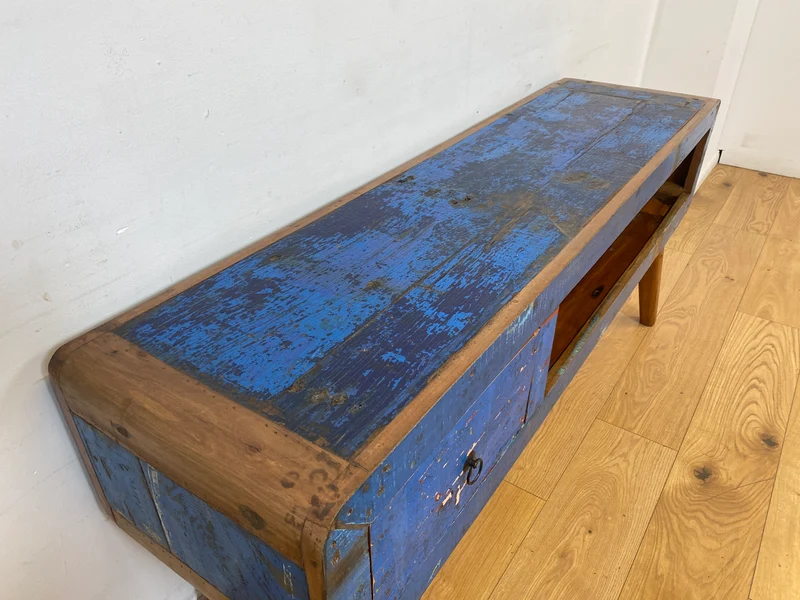 Boatwood by WMK I Einzigartiges handgefertigtes TV Lowboard aus altem Bootsholz in Blau mit Schublade und Fach I Teakholz massiv
