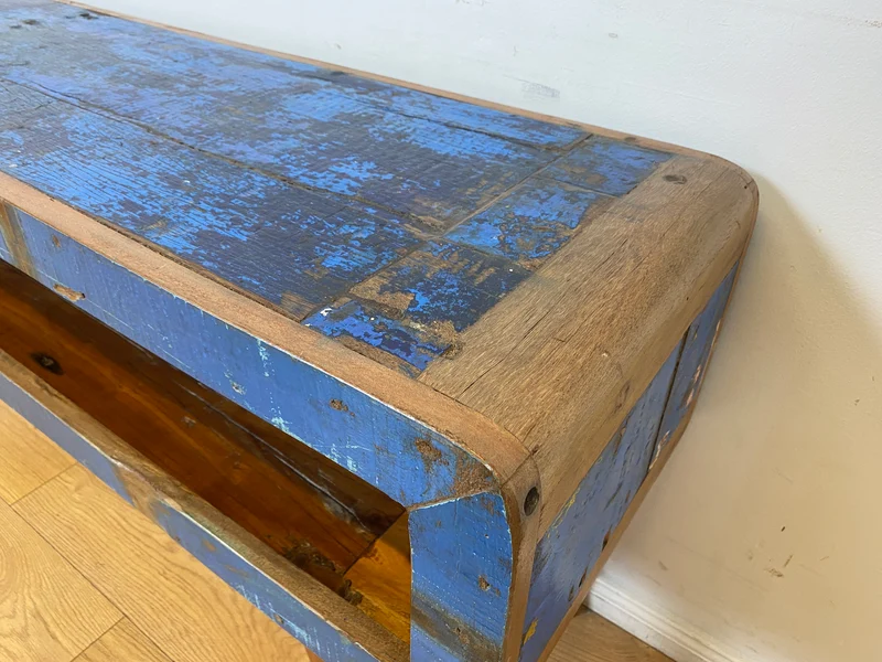 Boatwood by WMK I Einzigartiges handgefertigtes TV Lowboard aus altem Bootsholz in Blau mit Schublade und Fach I Teakholz massiv
