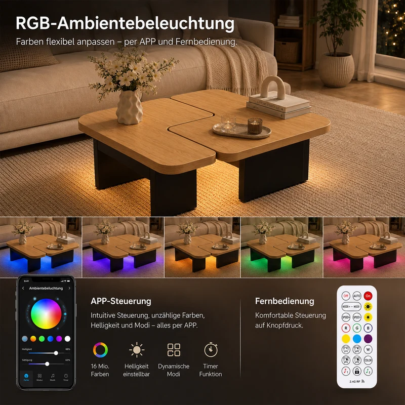Yorbay LED Couchtisch 2er-Set modular mit 2 Schubladen