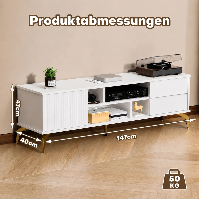 Yorbay TV-Lowboard 147 cm weiß mit LED-Beleuchtung
